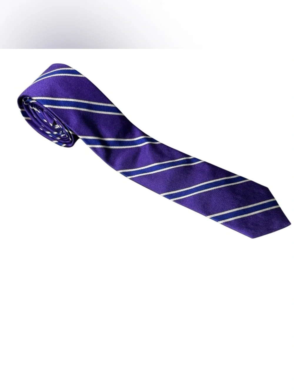 J.Crew Purple Blue Silver 100% Silk Striped Tie Handmade Wedding Guest Office